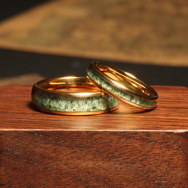 "AureoMoss" Ring Set – Nature-Inspired Moss Agate Wedding Bands, 6mm & 4mm Gold Tungsten His and Hers Rings