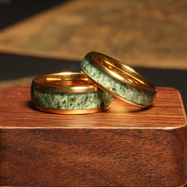 "Verdoro Bond" Ring Set – Moss Agate & Gold Tungsten Wedding Bands, His & Hers Nature-Inspired Anniversary Rings