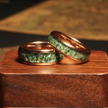 "Rosverdant Bond" Ring Set – Moss Agate & Rose Gold Tungsten Wedding Bands, His and Hers Nature-Inspired Rings