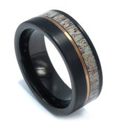 "Huntsman"  Deer Antler, Rose Gold Strip, Black Tungsten Carbide-8mm