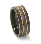 Eclipse Barrel"  Charred Whiskey Barrel and Meteorite Inlay Black Tungsten Wedding Band-8mm
