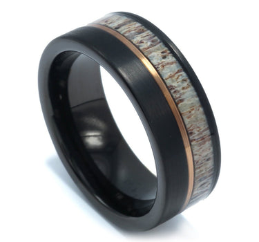 "Huntsman"  Deer Antler, Rose Gold Strip, Black Tungsten Carbide-8mm