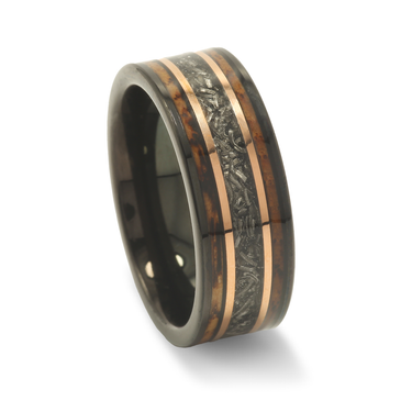 Eclipse Barrel"  Charred Whiskey Barrel and Meteorite Inlay Black Tungsten Wedding Band-8mm