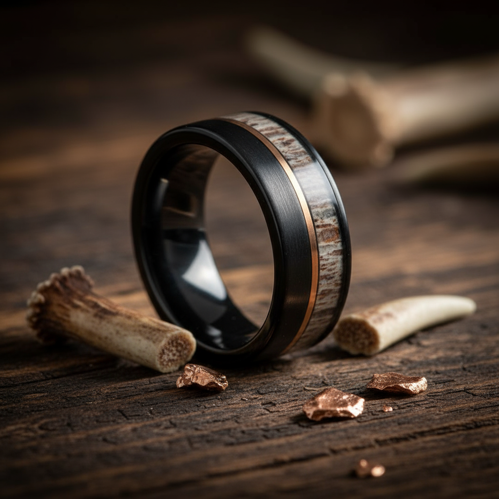Kingsway Jewelry Natural Deer Antler & Tungsten Ring - Wedding Band For Men & Women, Hunter Style