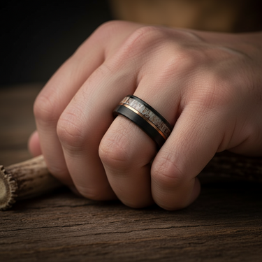 "Huntsman"  Deer Antler, Rose Gold Strip, Black Tungsten Carbide-8mm