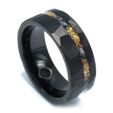 "Thor" Meteorite, 24k Gold Leaf Inlay, Black Tungsten Carbide, Hammered Design-8mm