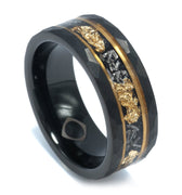 "Zeus" Meteorite 24K Gold Leaf Rose Gold Strip Inlay Black Hammered Tungsten Carbide Ring