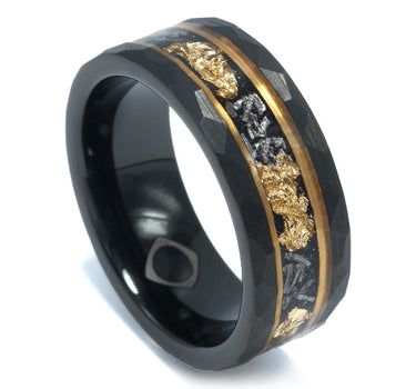 "Zeus" Meteorite 24K Gold Leaf Rose Gold Strip Inlay Black Hammered Tungsten Carbide Ring