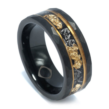 "Zeus" Meteorite 24K Gold Leaf Gold Strip Inlay Black Hammered Tungsten Carbide Ring, 8mm