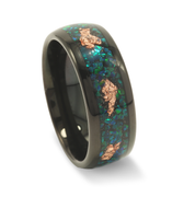 "Verdant Tide" Crushed Green Fire Opal, Rose Gold Leaf Leaf Black Tungsten Carbide Wedding Band -8mm