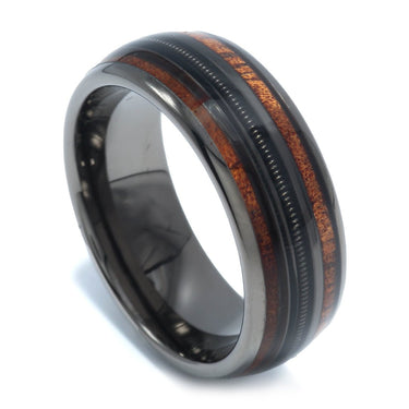 "Axeman" Guitar String Ring, Hawaiian Koa Wood and Guitar String Inlay, Tungsten Carbide, Gunmetal Dome Design, 8mm