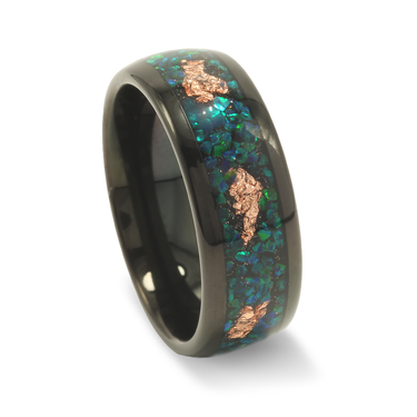 "Verdant Tide" Black Tungsten Wedding Band with Crushed Green and Blue Opal Inlay and Gold Accents