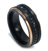 "Caveman" Black Zircon Eternity 14K Rose Gold Plated Edge Black Tungsten Carbide