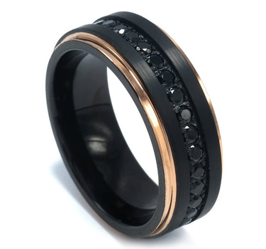 "Caveman" Black Zircon Eternity 14K Rose Gold Plated Edge Black Tungsten Carbide