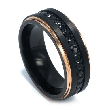 "Caveman" Black Zircon Eternity 14K Rose Gold Plated Edge Black Tungsten Carbide, 8mm