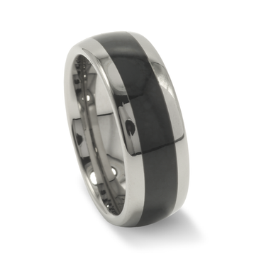 "Obsidian Crest" Black Onyx Wedding Band in Silver Tungsten with Polished Dome Finish for Him