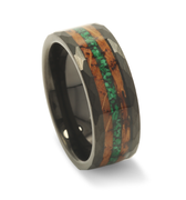 "Verdant Ember" Burnt Whiskey Barrel and Green Malachite Hammered Black Tungsten Carbide Wedding Band for Men