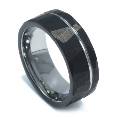 "Trader" White Gold Inlay, Black Tungsten Carbide, Hammered Design-8mm