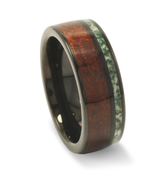 "Timber Leaf" Moss Agate Inlay,  Whiskey Barrel Black Tungsten Carbide Band for Men
