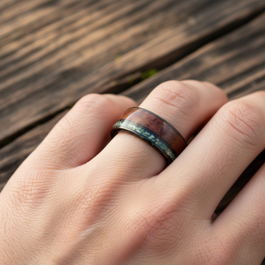 "Timber Leaf" Moss Agate Inlay,  Whiskey Barrel Black Tungsten Carbide Band for Men