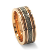"Stellar Barrel" Crushed Meteorite, Charred Whiskey Barrel, Rose Gold Strips Rose Gold Tungsten Carbide for Men