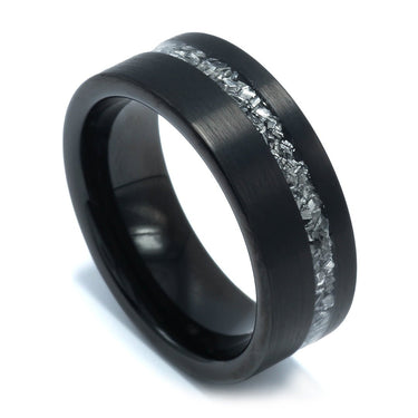 "Starry Night" Meteorite Inlay, Black, Tungsten Carbide, Brushed Finish-8mm