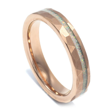 "Opal Radiance" Crushed White Opal Inlay, Rose Gold, Tungsten Carbide, Hammered Design-4mm