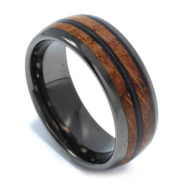 "Musician" Guitar String, Whiskey Barrel Wood Inlay, Tungsten Carbide, Gunmetal, Dome Polished-8mm