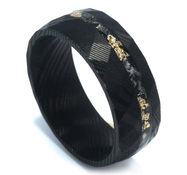 'Apollo' Crushed Meteorite 24k Gold Leaf Hammered Damascus Steel Ring