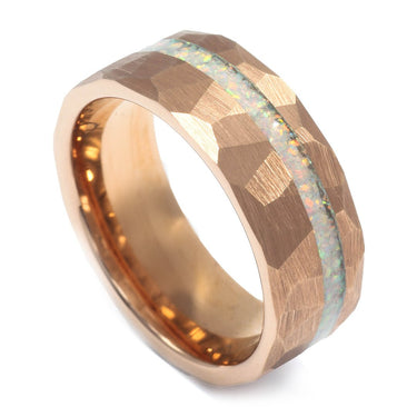 "Luminous" Crushed White Opal Inlay, Rose Gold Tungsten Carbide, Hammered Design-8mm