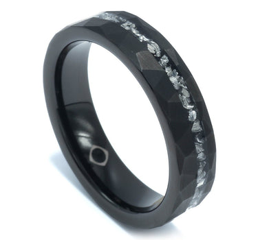 "Cosmic Noir" Meteorite Inlay, Tungsten Carbide, Hammered Design, women's wedding ring, 5mm