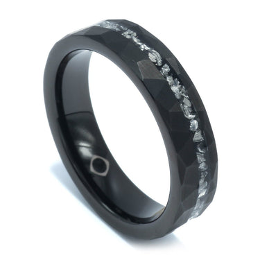 "Cosmic Noir" Meteorite Inlay, Tungsten Carbide, Hammered Design, women's wedding ring, 5mm