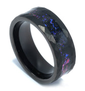 "Lover" Crushed Blue Sandstones Inlay, Black Tungsten Carbide, Hammered Design-8mm