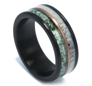 "Fusion" Deer Antler, Moss Agate, Rose Gold Strip, Black Tungsten Carbide-8mm