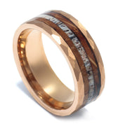 "Elk" Deer Antler, Whiskey Barrel Wood, Rose Gold Hammered Tungsten Carbide, Men's Wedding Band-8mm