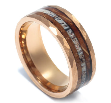 "Elk" Deer Antler, Whiskey Barrel Wood, Rose Gold Hammered Tungsten Carbide, Men's Wedding Band-8mm