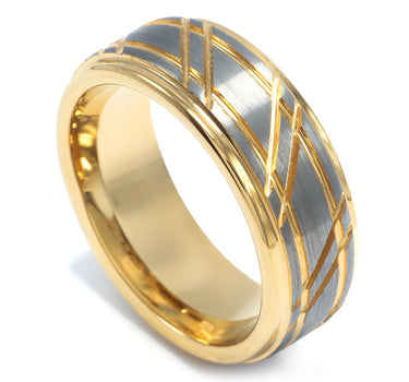 "Golden Hammer" Silver and Gold Tungsten Carbide, Brushed Design-8mm