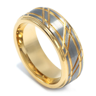 "Golden Hammer" Silver and Gold Tungsten Carbide, Brushed Design-8mm