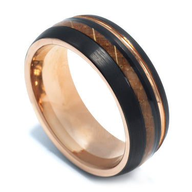 "Lumberjack" Whiskey Barrel Wood, Rose Gold Strip Inlay, Tungsten Carbide, Brushed Design-8mm