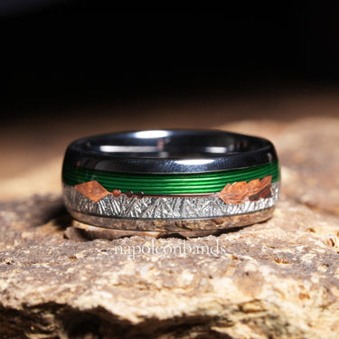 "Verdant Strike" – Green Line & Copper Arrow Inlay Tungsten Wedding Band with Meteorite – 8mm