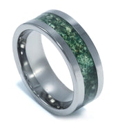 "Enchanted" Moss Agate, Silver Tungsten Carbide, Polished Finish, Men's Wedding Ring-8mm