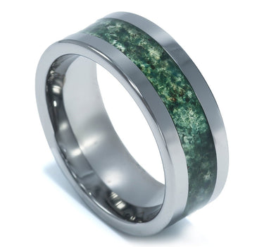 "Enchanted" Moss Agate, Silver Tungsten Carbide, Polished Finish, Men's Wedding Ring-8mm