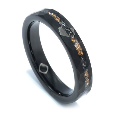 "Thunder" Meteorite, 24k Gold Leaf Inlay, Black Tungsten Carbide, Hammered Design-4mm