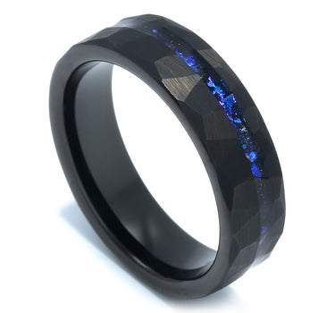 "Cosmo" Crushed Blue Sandstones Inlay, Hammered Tungsten Carbide, 6mm