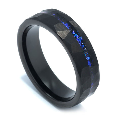 "Cosmo" Crushed Blue Sandstones Inlay, Hammered Tungsten Carbide, 6mm