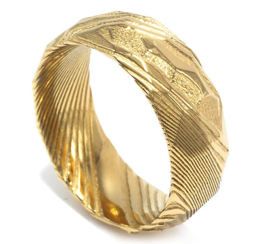 "Golden Forge" Gold Damascus Steel Ring, Hammered Design-8mm