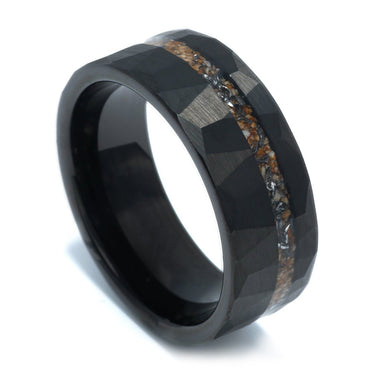 "Beachboy" Meteorite and Hawaiian Sand Inlay, Black Tungsten Carbide, Men's Wedding Ring, Faceted Design, 8mm