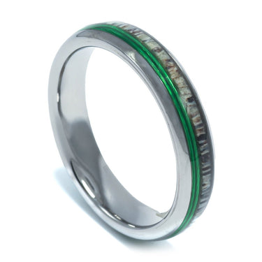 "Nature's Chic" Deer Antler, Green Fishing Line Inlay, Tungsten Carbide, Silver, Dome Polished-4mm