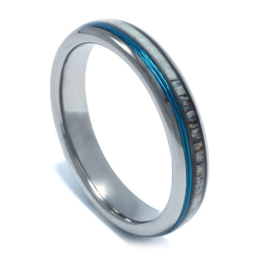 "Nature's Catch" Deer Antler, Blue Fishing Line Inlay, Silver, Tungsten Carbide, Wedding Ring, Dome Finish-4mm