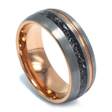 "Mighty" Meteorite, Rose Gold Strip Inlay, Tungsten Carbide, Silver Brushed Finish-8mm